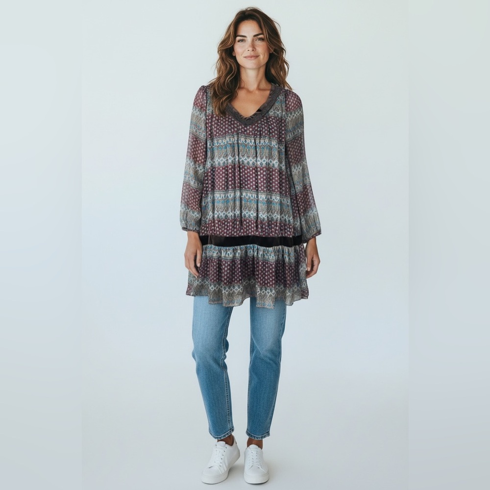 Boho Peasant Tunic Dress Mini Burgundy Sheer Ruffle Hem Flowy Relaxed S Gypsy